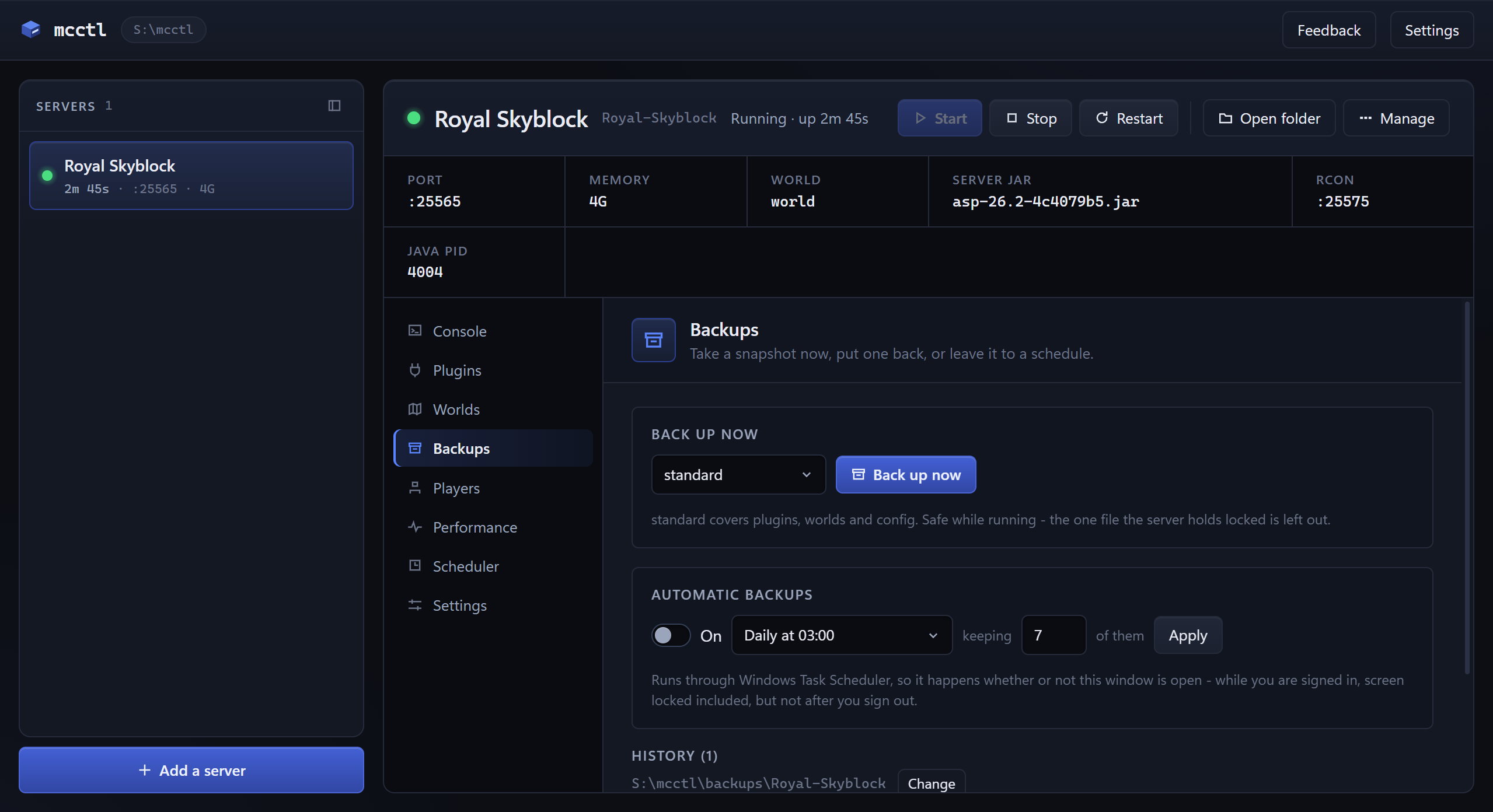 The Backups tab